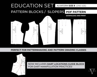 Basic Dress Pattern Blocks / Slopers - Education Set - AlvaForm Size 8 (PDF DOWNLOAD)
