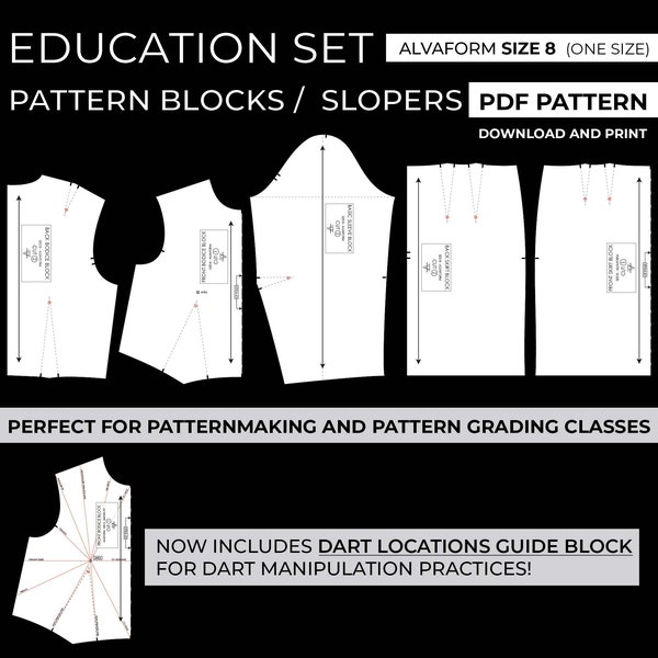 Basic Dress Pattern Blocks / Slopers - Education Set - AlvaForm Size 8 (PDF DOWNLOAD)