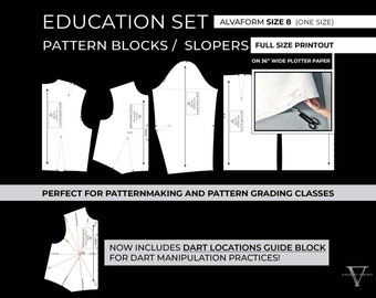 Basic Dress Pattern Blocks / Slopers - Education Set - AlvaForm Size 8 (FULL SIZE PRINTOUT)
