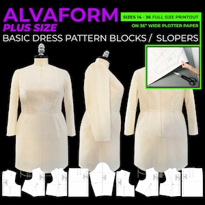 Blocos de moldes de vestido básico AlvaForm PLUS SIZE (tamanhos 14-36) / Slopers (IMPRESSÃO em tamanho real)