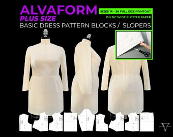 AlvaForm PLUS SIZE (Sizes 14-36) Basic Dress Pattern Blocks / Slopers (Full Size PRINTOUT)