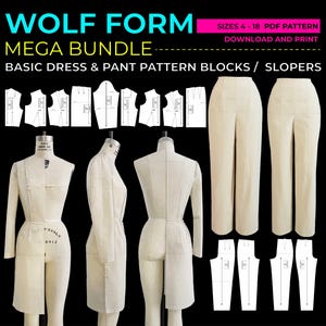 Könnte beinhalten: Ein digitaler Download von Schnittmustern für ein Kleid und eine Hose. Die Schnittmuster sind in den Größen 4-18 erhältlich und im PDF-Format verfügbar. Das Bild zeigt einen Satz von Kleid- und Hosen-Schnittmustern, die als Basis für die Erstellung einer Vielzahl von Kleidungsstücken dienen können. Das Bild zeigt auch eine Reihe von Schaufensterpuppen, die die Schnittmuster tragen.