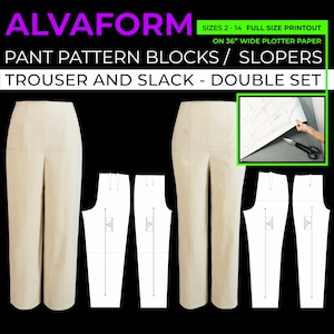 Blocos de padrões de calças AlvaForm (tamanhos 2-14) / Slopers - Conjunto duplo de calças e folgas (IMPRESSÃO EM TAMANHO COMPLETO)