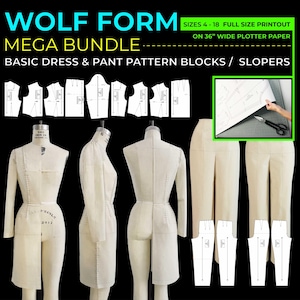 Vestido básico e calça Wolf Form (tamanhos 4-18) - Mega pacote - Blocos de padrão / Slopers (IMPRESSÃO EM TAMANHO COMPLETO)