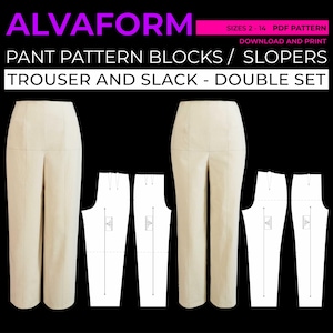 Könnte beinhalten: Ein digitaler Download eines PDF-Schnittmusters zum Nähen von Hosen. Das Schnittmuster enthält Blöcke für sowohl Hosen als auch Anzughosen und ist in den Größen 2-14 erhältlich. Das Bild zeigt eine weiße Stoff-Mockup der Schnittmusterteile.