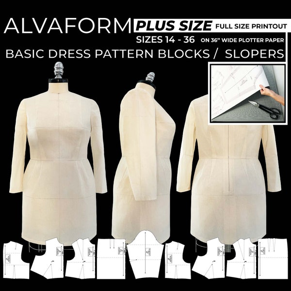 AlvaForm PLUS SIZE (Sizes 14-36) Basic Dress Pattern Blocks / Slopers (Full Size PRINTOUT)