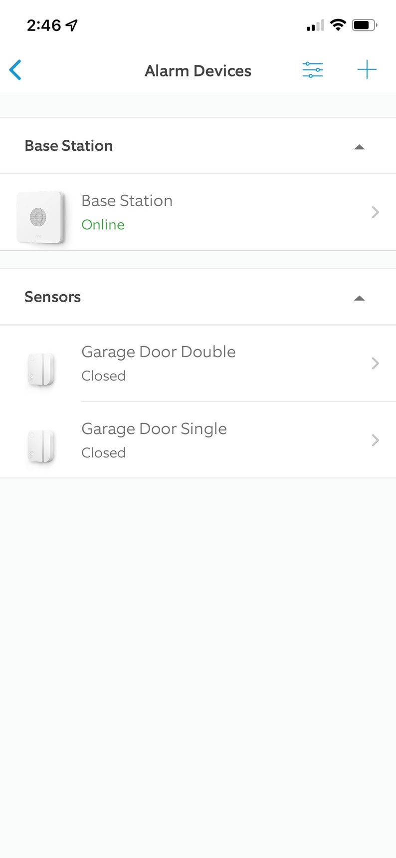 May include: A screenshot of a mobile phone app showing a list of alarm devices. The list includes a base station that is online and two garage door sensors that are closed.