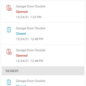 May include: A screenshot of a mobile phone app showing a history of garage door activity. The app shows the date, time, and status of the garage door, which is either "Closed" or "Opened".