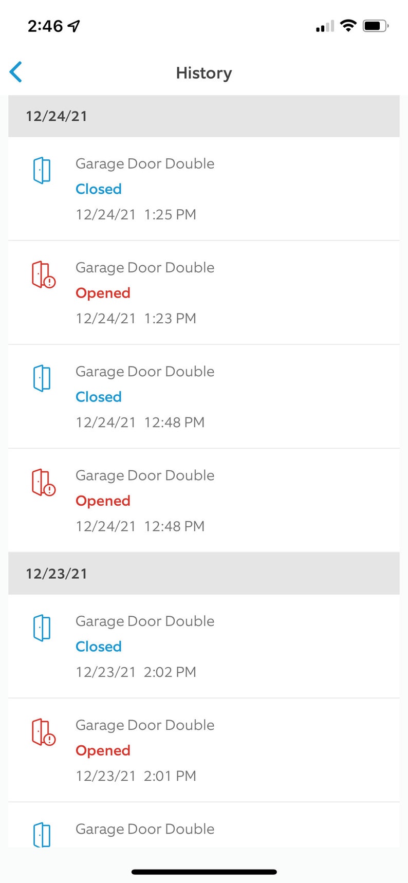 May include: A screenshot of a mobile phone app showing a history of garage door activity. The app shows the date, time, and status of the garage door, which is either "Closed" or "Opened".