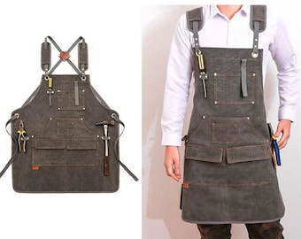 Sturdy Canvas Apron /  Thick Apron With Pockets / Apron for Chefs / Apron for Barbers / Adjustable Cross Back Apron