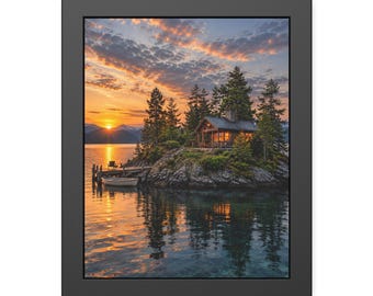 Island Dock Wall Art, Cabin Lake Framed Print, Rustic Boat Poster, Black Framed Nature Art, Sunset Lakehouse Decor Gift