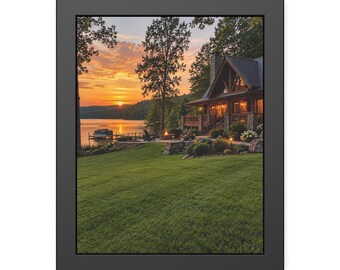 Cabin Fire Pit Wall Art, Glowing Lake Framed Print, Rustic Sunset Poster, Black Framed Nature Art, Evening Cabin Decor Gift