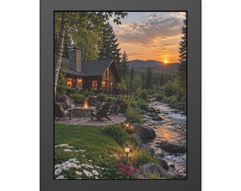 Cabin Stream Wall Art, Daisy Meadow Framed Print, Rustic Sunset Poster, Black Framed Nature Art, Floral Cabin Decor Gift