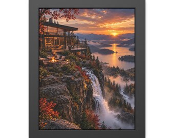 Cliffside Cabin Wall Art, Waterfall Sunset Framed Print, Rustic Mountain Poster, Black Framed Nature Art, Modern Cabin Decor