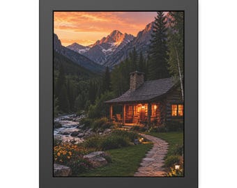 Mountain Cabin Wall Art, Sunset Framed Print, Rustic Peak Poster, Black Framed Nature Art, Alpine Cabin Decor Gift