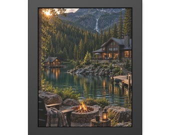 Lake Fire Pit Wall Art, Cabin Evening Framed Print, Rustic Waterfall Poster, Black Framed Nature Art, Cozy Lakehouse Gift