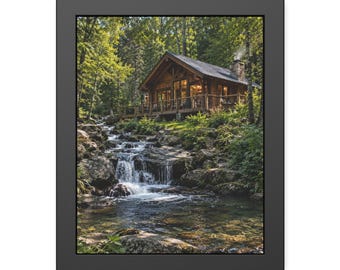 Forest Waterfall Wall Art, Cabin Woods Framed Print, Rustic Falls Poster, Black Framed Nature Art, Woodland Decor Gift
