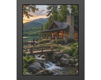 Cabin Bridge Wall Art, Lakeside Framed Print, Rustic Stream Poster, Black Framed Nature Art, Woodland Cabin Decor Gift