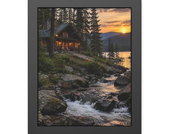 Lakeside Cabin Wall Art, Lake Sunset Framed Print, Rustic Stream Poster, Black Framed Nature Print, Cabin Lakehouse Decor