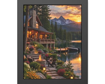 Sunset Fire Pit Wall Art, Lakeside Cabin Framed Print, Rustic Evening Poster, Black Framed Nature Art, Cozy Outdoor Decor