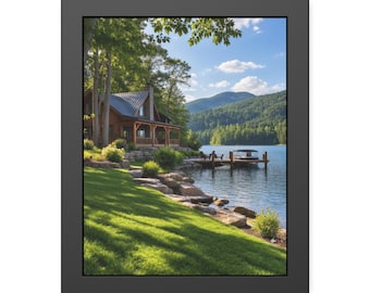 Lake Cabin Wall Art, Sunny Lakeside Framed Print, Rustic Dock Poster, Black Framed Nature Art, Summer Cabin Decor Gift