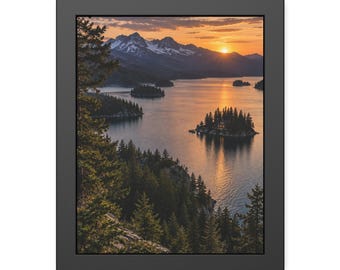 Island Cabin Wall Art, Mountain Lake Framed Print, Rustic Sunset Poster, Black Framed Nature Art, Lakehouse Decor Gift