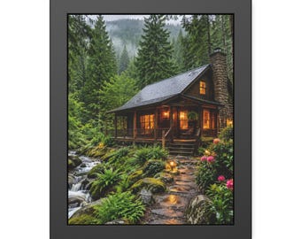 Misty Forest Cabin Wall Art, Woodland Framed Print, Rustic Nature Poster, Black Framed Fine Art, Foggy Cabin Decor Gift
