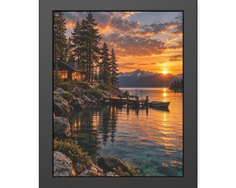 Framed Cabin Wall Art, Lake House Sunset Print, Rustic Nature Poster, Black Framed Fine Art Print, Cozy Cabin Decor Gift