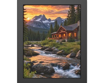 Mountain Stream Wall Art, Cabin Sunset Framed Print, Rustic River Poster, Black Framed Nature Art, Alpine Decor Gift