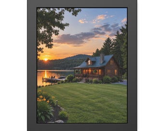 Log Cabin Porch Wall Art, Rustic Sunset Framed Print, Woodland Poster, Black Framed Nature Art, Country Cabin Decor Gift