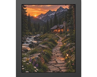 Wildflower Cabin Wall Art, Mountain Sunset Framed Print, Rustic Floral Poster, Black Framed Nature Art, Cabin Decor Gift