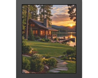 Lake Dock Wall Art, Cabin Sunset Framed Print, Rustic Boat Poster, Black Framed Nature Art, Dockside Cabin Decor Gift