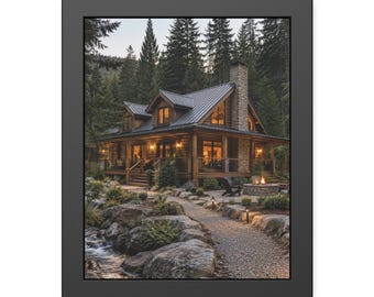 Log Cabin Wall Art, Pine Forest Framed Print, Rustic Woodland Poster, Black Framed Nature Art, Mountain Cabin Decor Gift