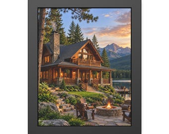 Cabin Fire Pit Wall Art, Mountain Lake Framed Print, Rustic Evening Poster, Black Framed Nature Art, Cozy Cabin Decor Gift