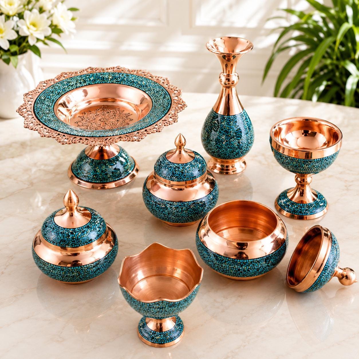 インテリア小物 新品 ペルシャ工芸 フィルーゼ細工 銅製 ターコイズ