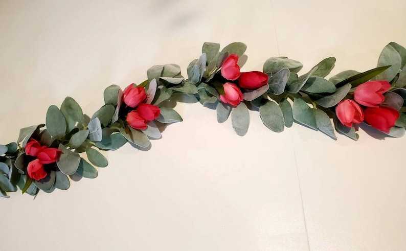 Lambs Ear Garland, Lambs Ear, Lambs Ear with Tulip Garland, Tulip decor, Wedding Decor Home Decor Table Runner Mantel Decor image 4