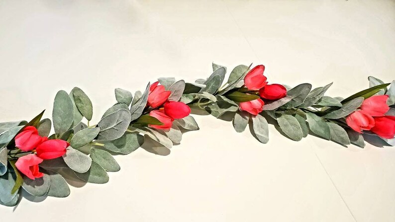 Lambs Ear Garland, Lambs Ear, Lambs Ear with Tulip Garland, Tulip decor, Wedding Decor Home Decor Table Runner Mantel Decor image 2