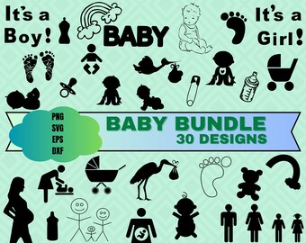 May include: A set of 30 black and white baby-themed illustrations. The illustrations include a baby in a crib, a baby bottle, a pacifier, a baby footprint, a stork carrying a baby, a pregnant woman, a baby carriage, a teddy bear, a rainbow, and the words "It's a Boy!" and "It's a Girl!"