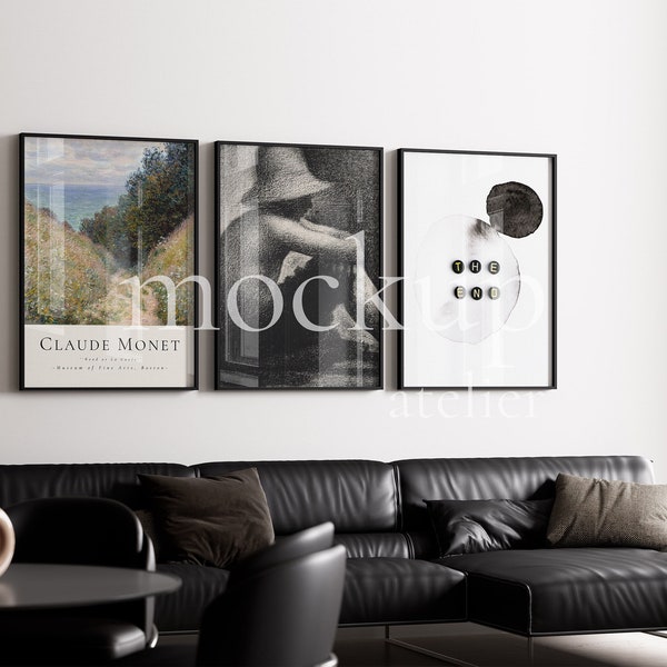 3 Black Frames Mockup with Glass Reflection On/Off, Home Interior Mockup, Thin Frame Set Mockup, 5x7 Frames Mockup, Digital Download, 705