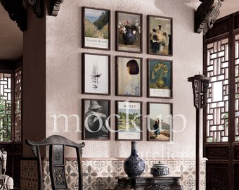 Estilo rústico 9 molduras decoração interior mockup, moldura de madeira mockup para impressões antigas, arte de parede vintage mockup, pintura a óleo digital mockup