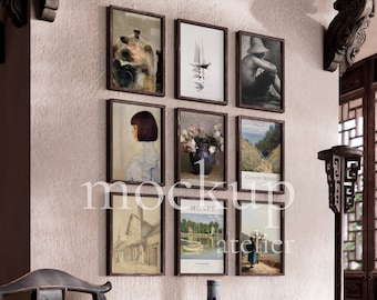 Conjunto vintage de 9 mockups de arte de parede, mockup de interior realista com vista lateral, mockup de moldura de decoração rústica, mockups PSD A4 elegantes, download digital