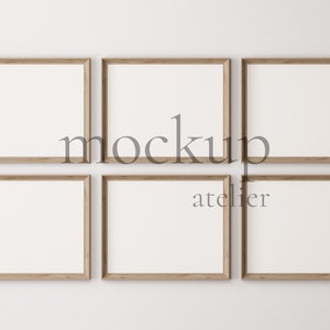 May include: Six empty wooden picture frames against a white background. The frames are arranged in two rows of three. The word "mockup" is written in the centre of the image, and the word "atelier" is written below it.