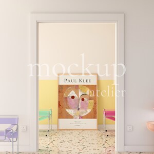 Preppy Interior A0 Wood Frame Mockup, Retro Modern Wall Art Mockup, Realistic Poster Shop Mockup, Warm Yellow Color Room Mockup, 4004