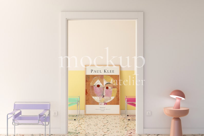 Preppy Interior A0 Wood Frame Mockup, Retro Modern Wall Art Mockup, Realistic Poster Shop Mockup, Warm Yellow Color Room Mockup, 4004