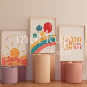 Retro Colorful Interior Wood Frame Mockup, 3 Frames Mockup, Preppy Wall Decor Mockup, Nursery Poster Mockup, A1 Frame Mockup, Digital Psd
