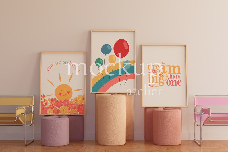 Retro Colorful Interior Wood Frame Mockup, 3 Frames Mockup, Preppy Wall Decor Mockup, Nursery Poster Mockup, A1 Frame Mockup, Digital Psd