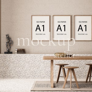 Set of 3 Prints Mockup, 3 Iso Wood Frames Mockup, Vintage Frame Mockup, Retro Interior Mockup, Digital Download, Mockup for Art Prints