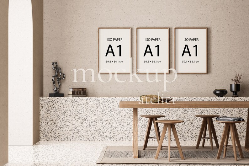 Set of 3 Prints Mockup, 3 Iso Wood Frames Mockup, Vintage Frame Mockup, Retro Interior Mockup, Digital Download, Mockup for Art Prints