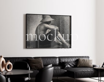 Big Black Horizontal Frame Mockup, Above Sofa Frame Mockup with Glass Reflection, Thin Frame Living Room Mockup, Instant Download, 707