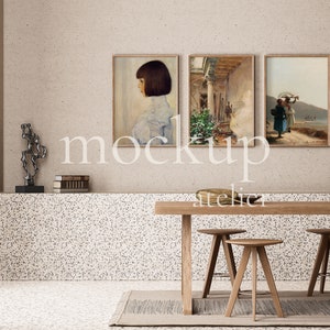 Set of 3 Prints Mockup, 3 Iso Wood Frames Mockup, Vintage Frame Mockup, Retro Interior Mockup, Digital Download, Mockup for Art Prints